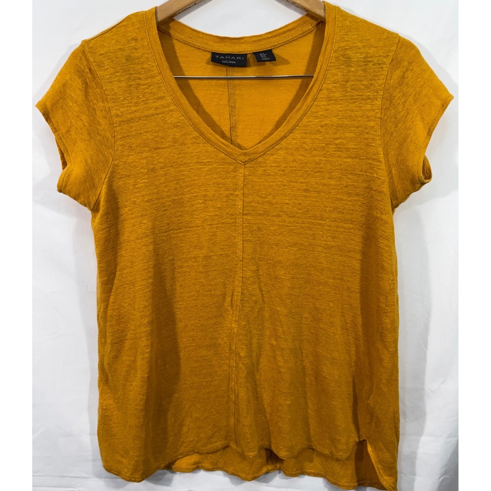 Tahari Womens Mustard Yellow 100% Linen V-Neck Short Sleeve Center Seam Top M